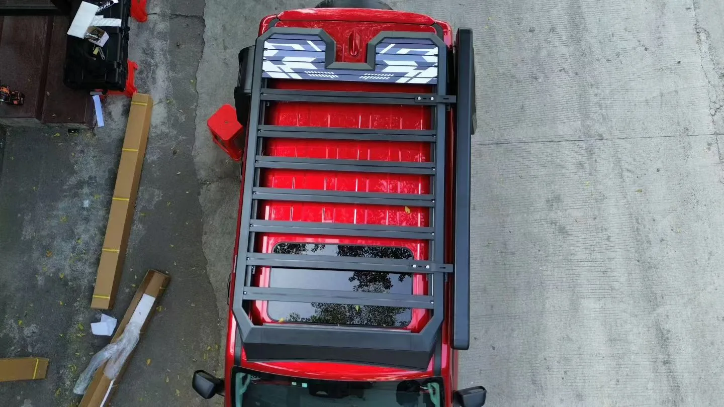 Roof rack installed on an unidentified red demonstration vehicle, viewed from above