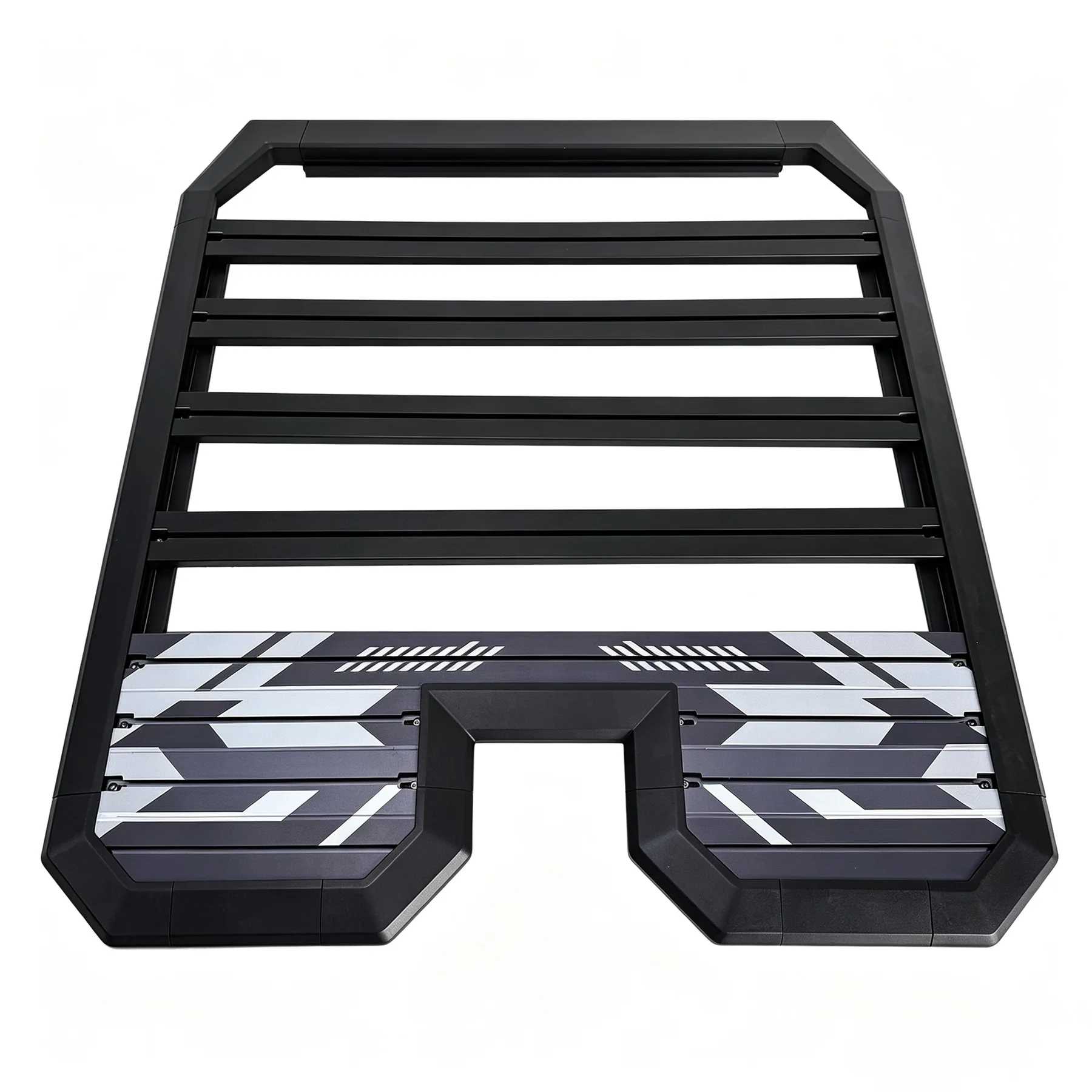 Black aluminum roof rack with patterned panels photographed on a white background